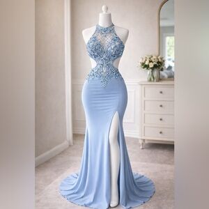 Camille La Vie beaded baby blue prom dress size 0, halter, open back gown
